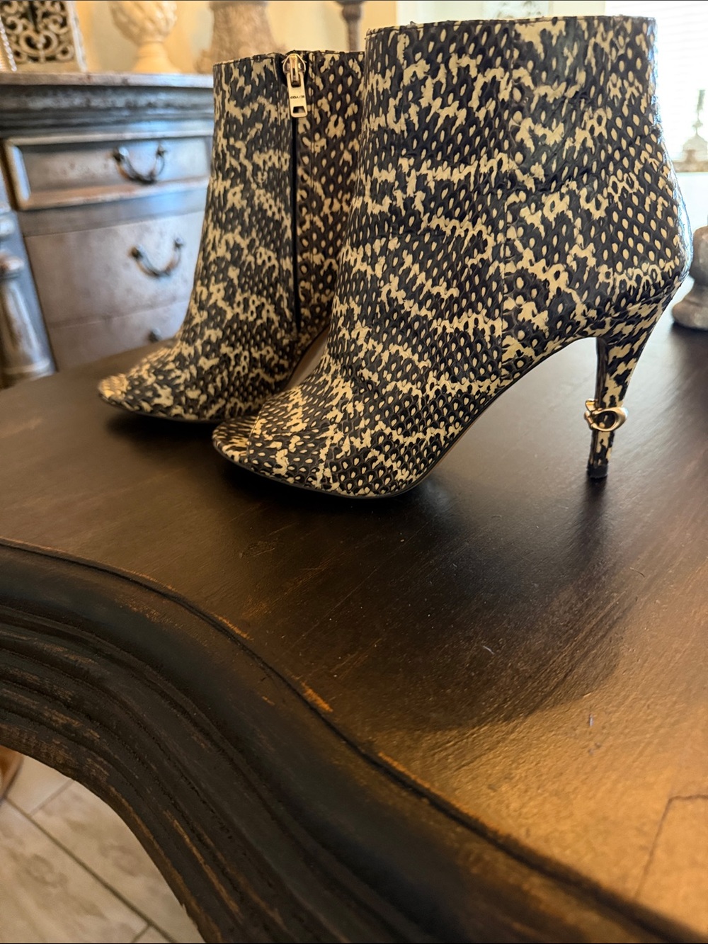 Coach Black and Cream Patterned Ankle Booties with Gold Accent